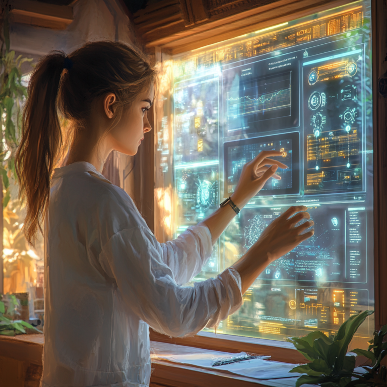 Une jeune femme travaille sur un écran holographique.