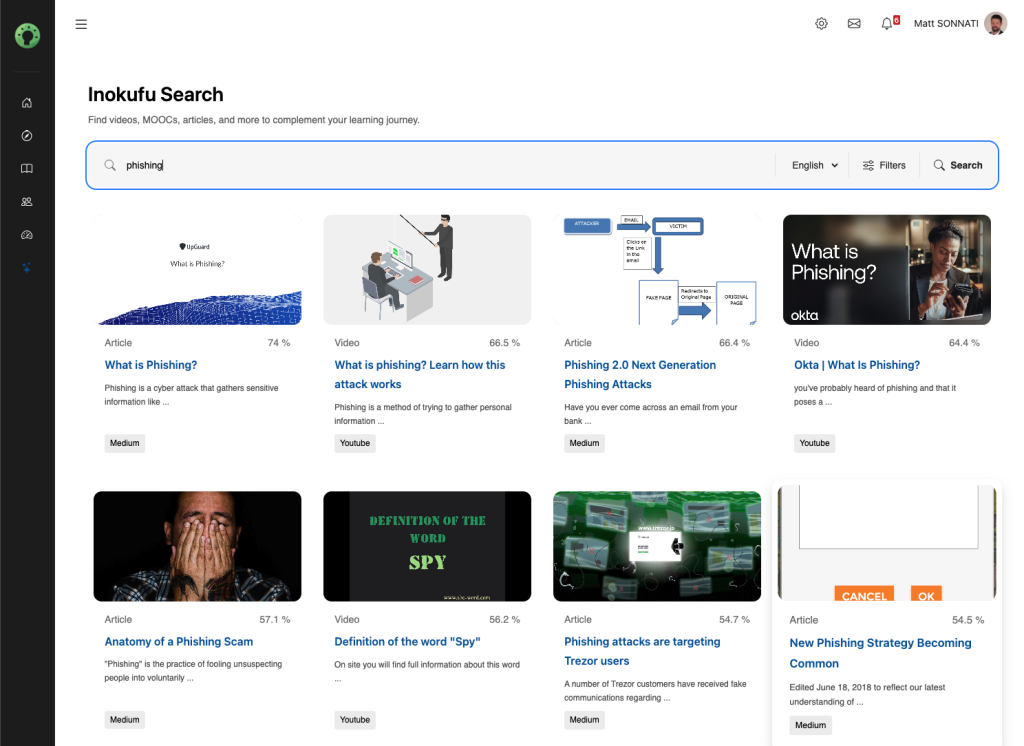 user interface of inokufu search engine integrated in totata LMS